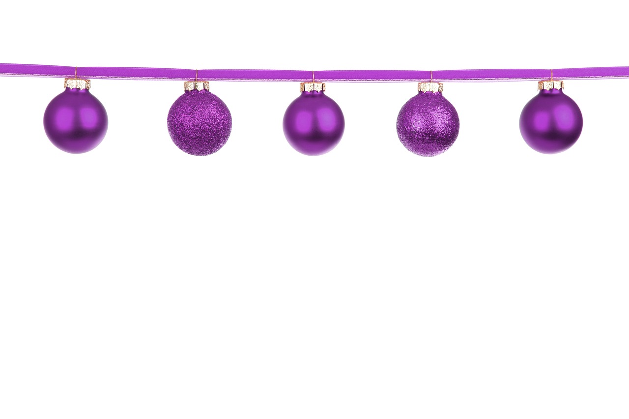 a string of purple christmas ornaments on a white background, shutterstock, half - length photo, very accurate photo, ribbon, g6