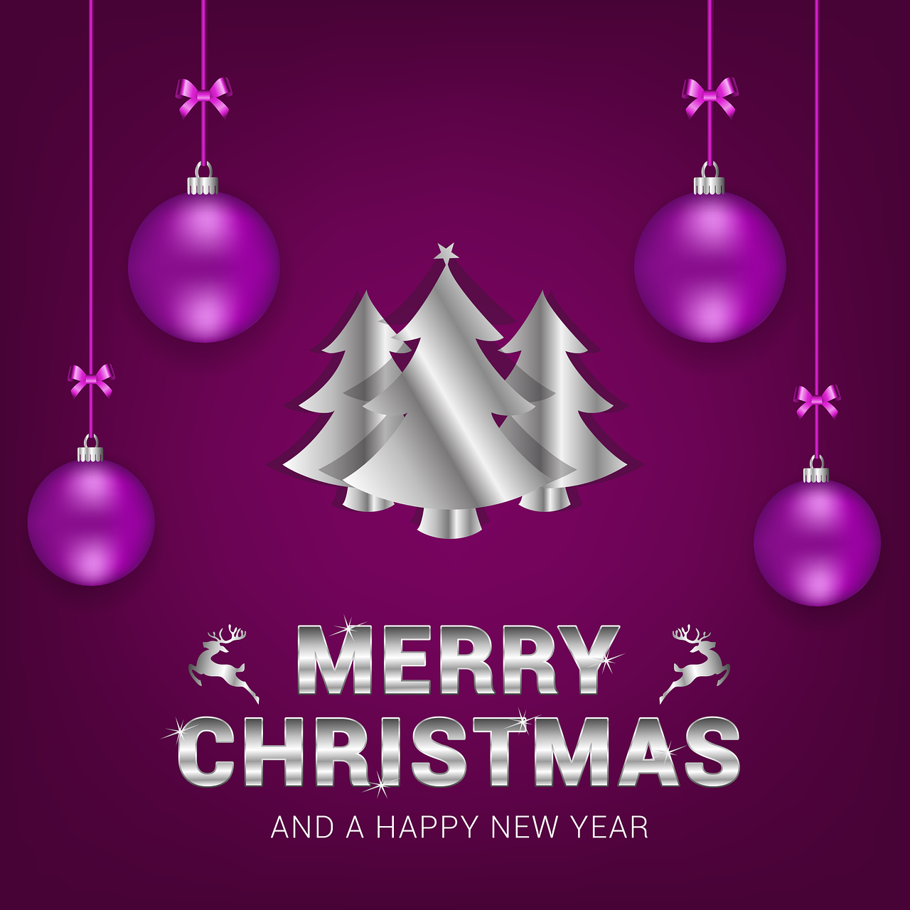 merry christmas and a happy new year, a photo, art deco, background is purple, realistic detailed background, silver ornaments, poster illustration
