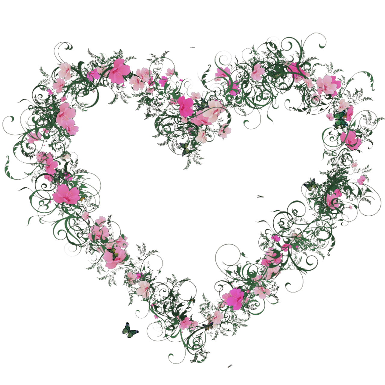 a heart made of flowers on a black background, a digital rendering, romanticism, ivy vine leaf and flower top, pink flowers, high - res, filigrane