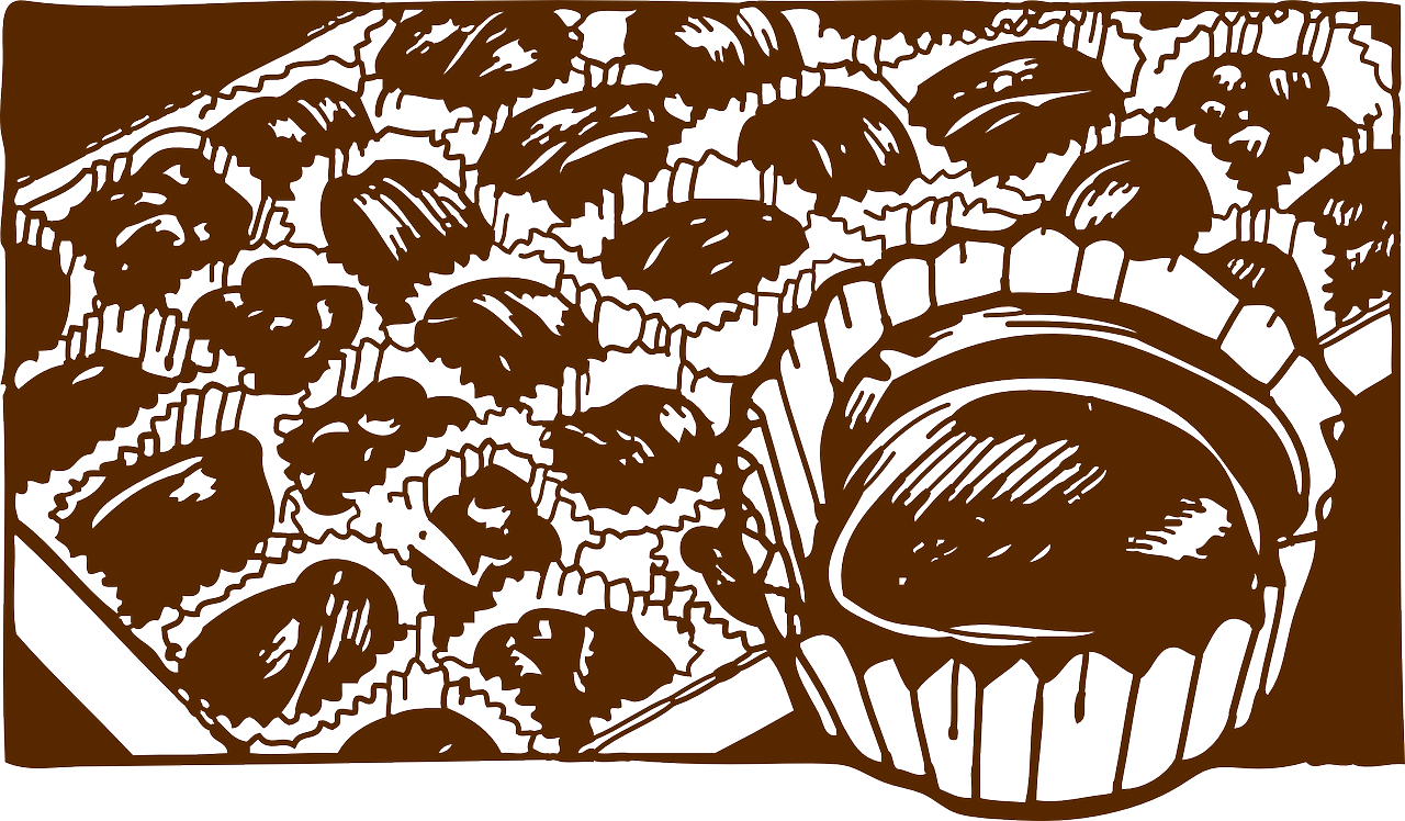 a bunch of cupcakes sitting on top of a table, a digital rendering, pop art, reaction diffusion linocut, chocolate. rugged, [ closeup ]!!, chocolate candy bar packaging