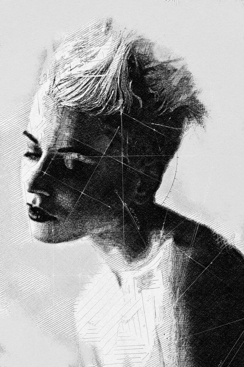 a black and white photo of a woman's face, digital art, by Adam Marczyński, digital art, scratches on photo, girl with short white hair, full - body artwork, crosshatching