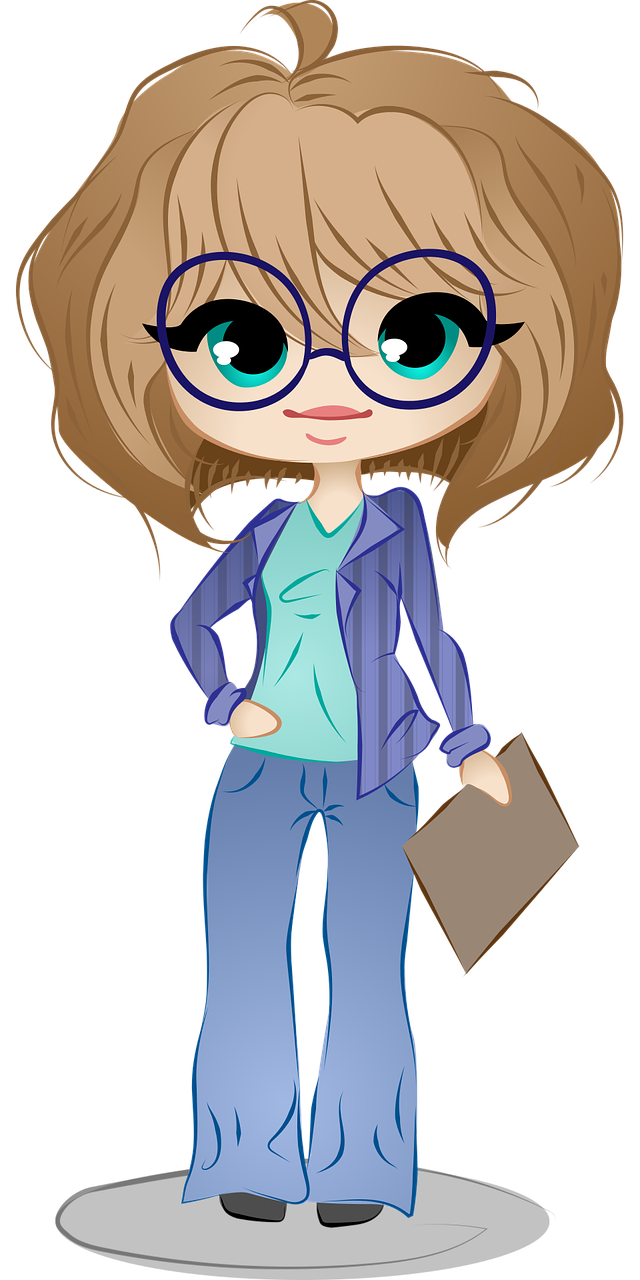 a cartoon girl with glasses and a folder, by Verónica Ruiz de Velasco, deviantart contest winner, full - body - front - shot, girl with brown hair, clipart, cattie - brie of mithril hall
