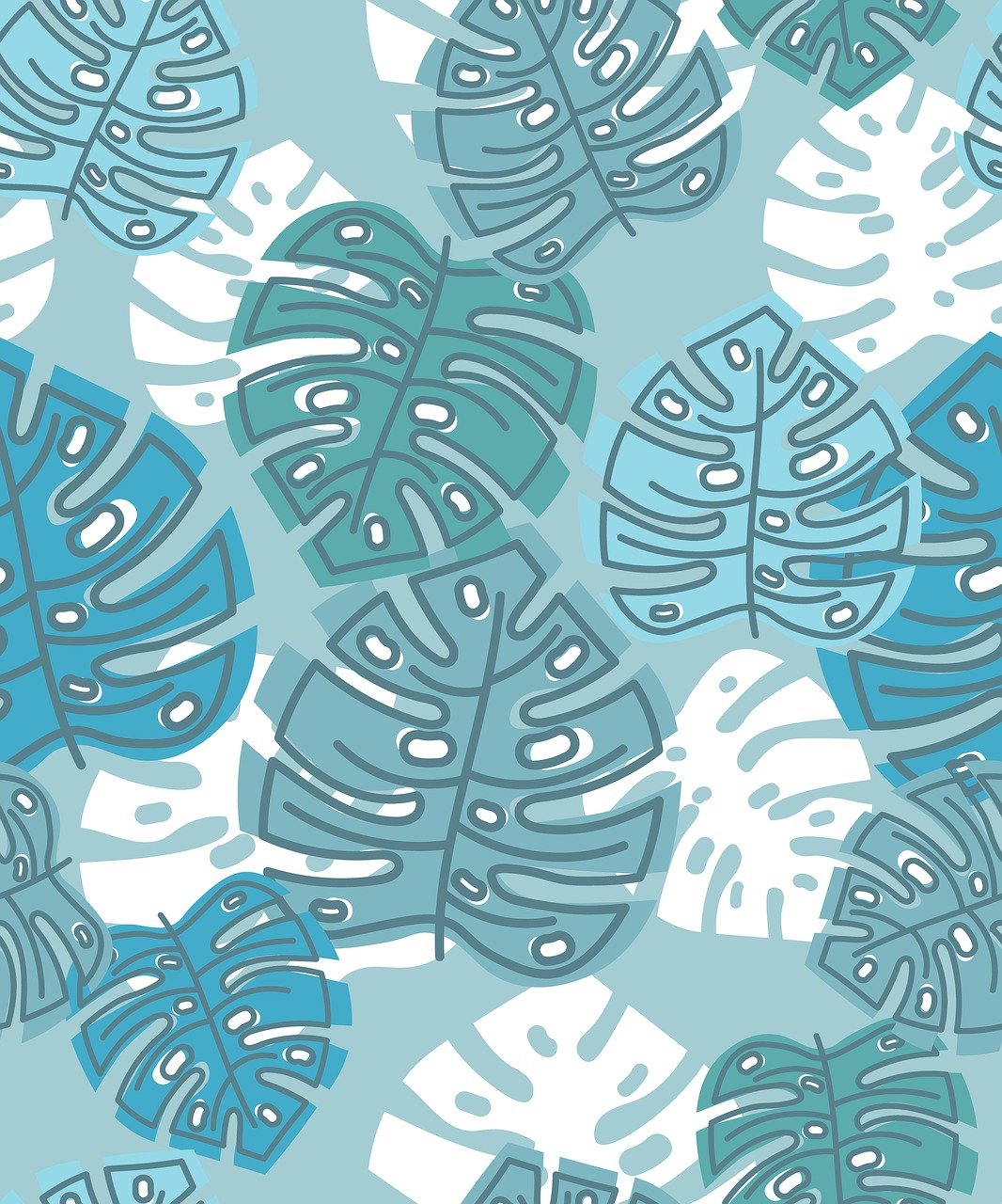 a pattern of tropical leaves on a blue background, vector art, background image, monstera, white and pale blue toned, doodles