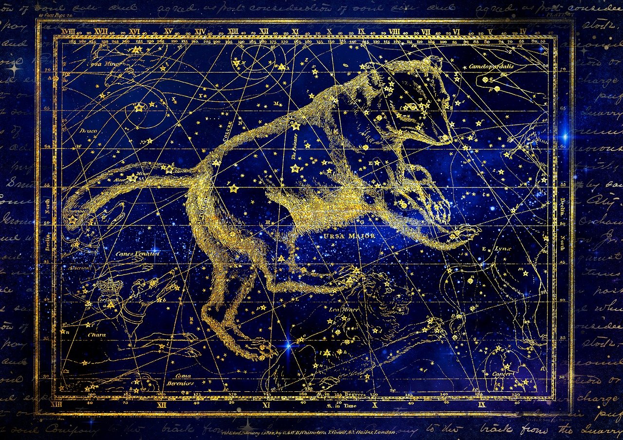 a painting of a horse on a blue background, a digital rendering, by Zofia Stryjenska, shutterstock, with a star - chart, 19 century, dog as a god, amazing wallpaper