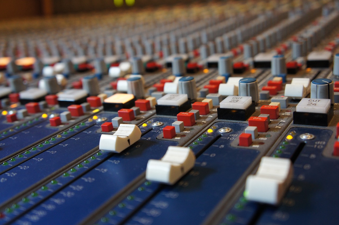 a close up of a sound board in a recording studio, by Alison Watt, flickr, process art, blender npr, blue and red color scheme, realistic depiction, grain”