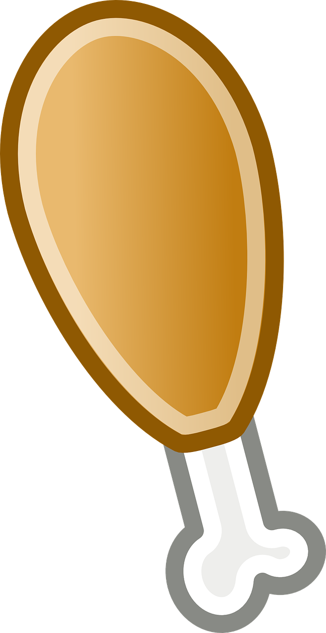 a chicken with a bone sticking out of it, a digital rendering, pixabay, hurufiyya, “ golden cup, single long stick, brown and gold, smooth oval head