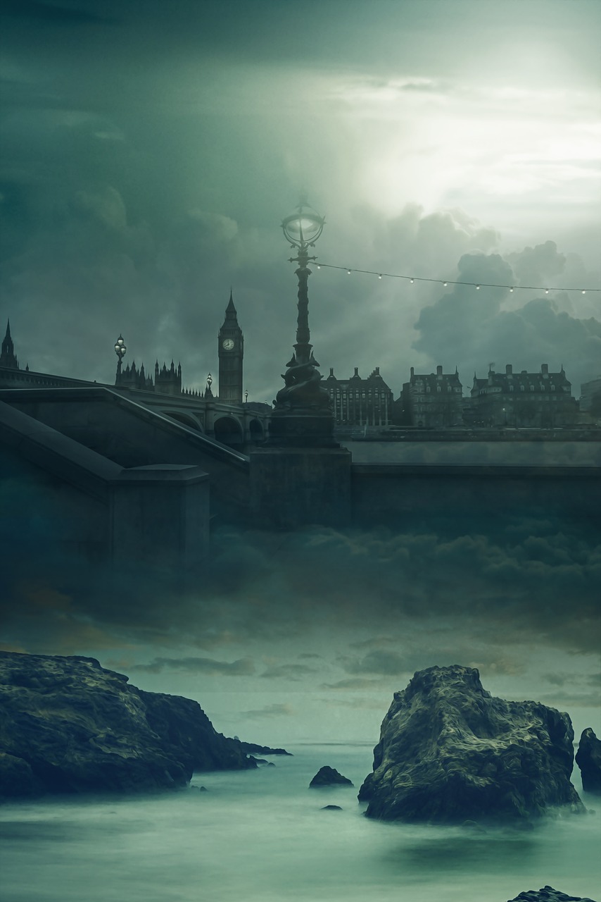 a bridge over a body of water with a clock tower in the background, a matte painting, trending on cg society, victorian london, shadow over innsmouth, a city in the clouds, quantum break