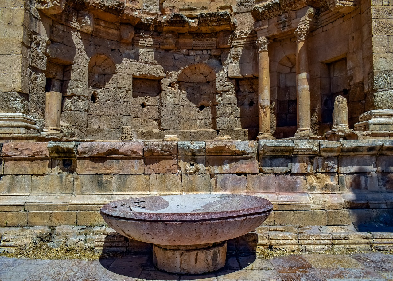 a large stone bowl sitting on top of a stone floor, romanesque, mardin old town castle, water fountain, very very well detailed image, ancient greek temple ruins