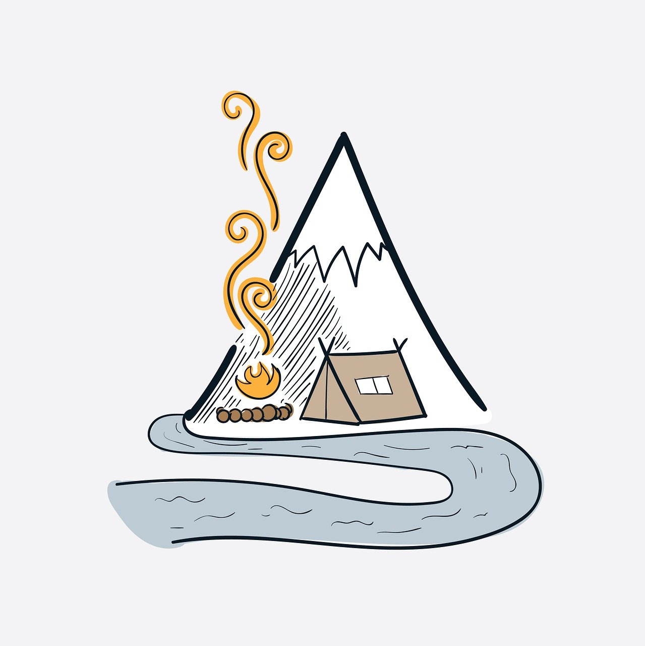 a drawing of a mountain with a fire coming out of it, an illustration of, cozy place, on simple background, campsites, doodle