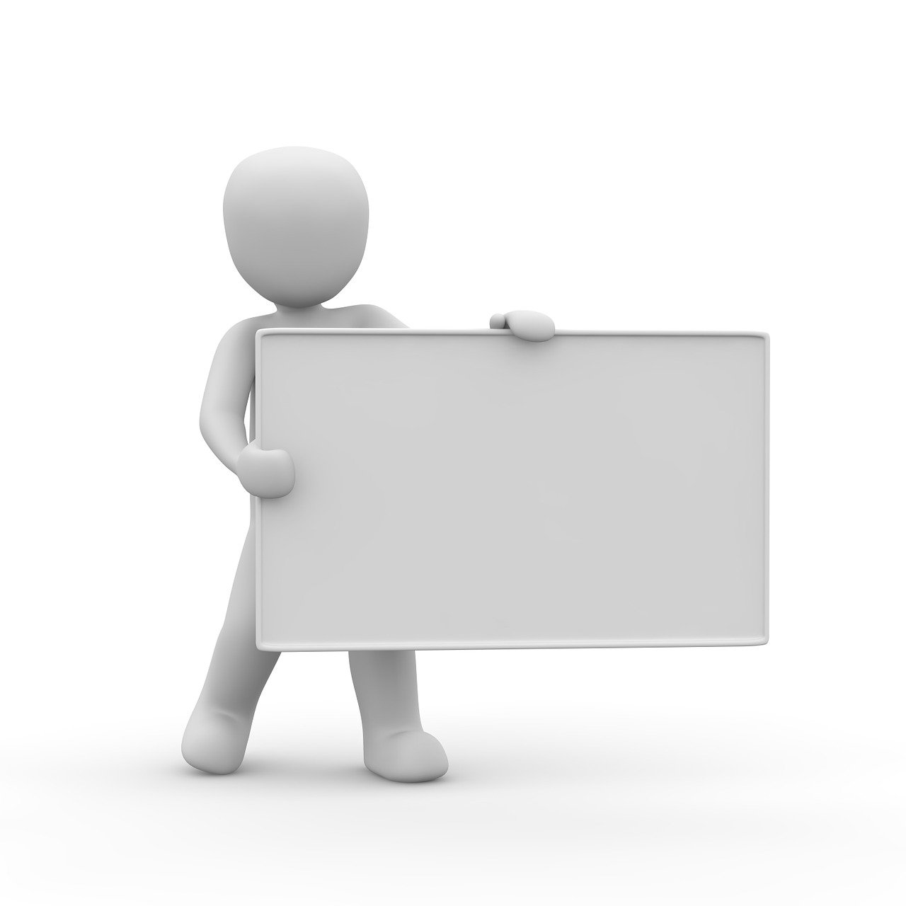 a person holding a sign on a white surface, by Andries Stock, trending on pixabay, visual art, 3 d shaded, white plastic, whiteboards