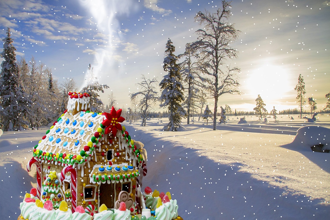 a gingerbread house in the snow with trees in the background, by Igor Grabar, pixabay contest winner, digital art, in white clouds fairyland, 4k photo”, sunny winter day, wide shot photo
