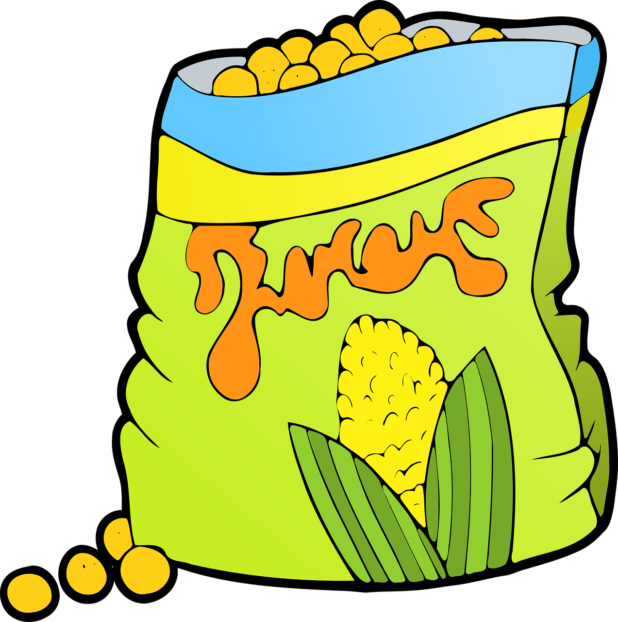 a bag of corn sitting on top of a pile of coins, an illustration of, naive art, !!! very coherent!!! vector art, snacks, pouches, full color illustration