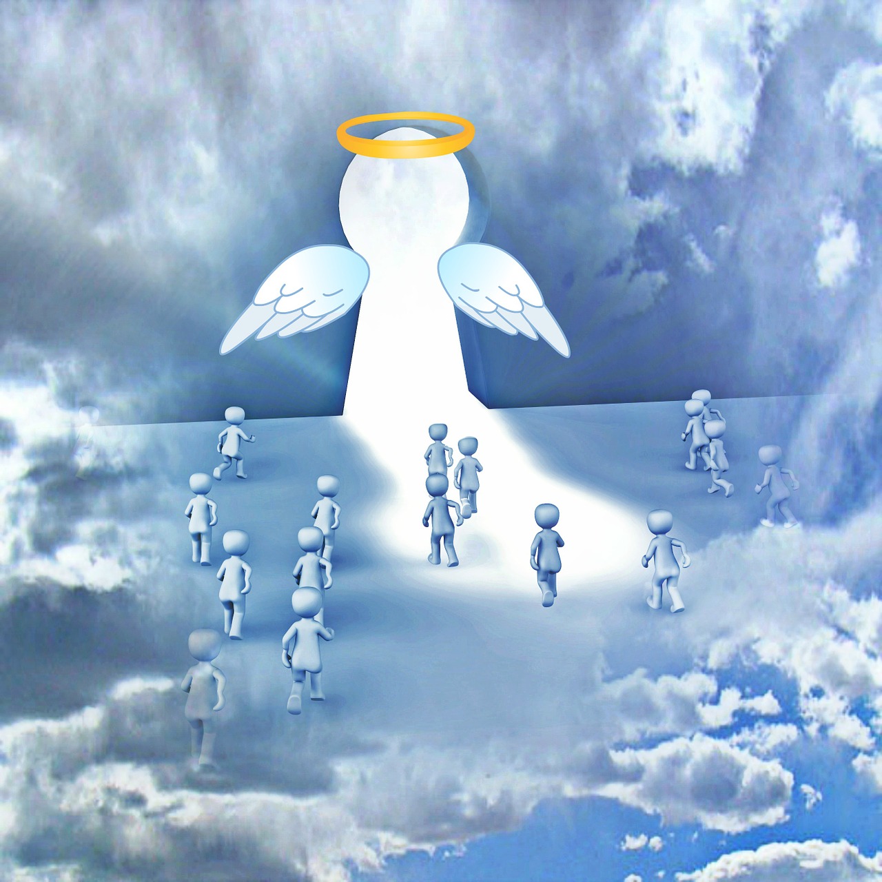 a group of people that are standing in the sky, an illustration of, by Jon Coffelt, conceptual art, angel halo, oversaturated, heaven on earth, rip