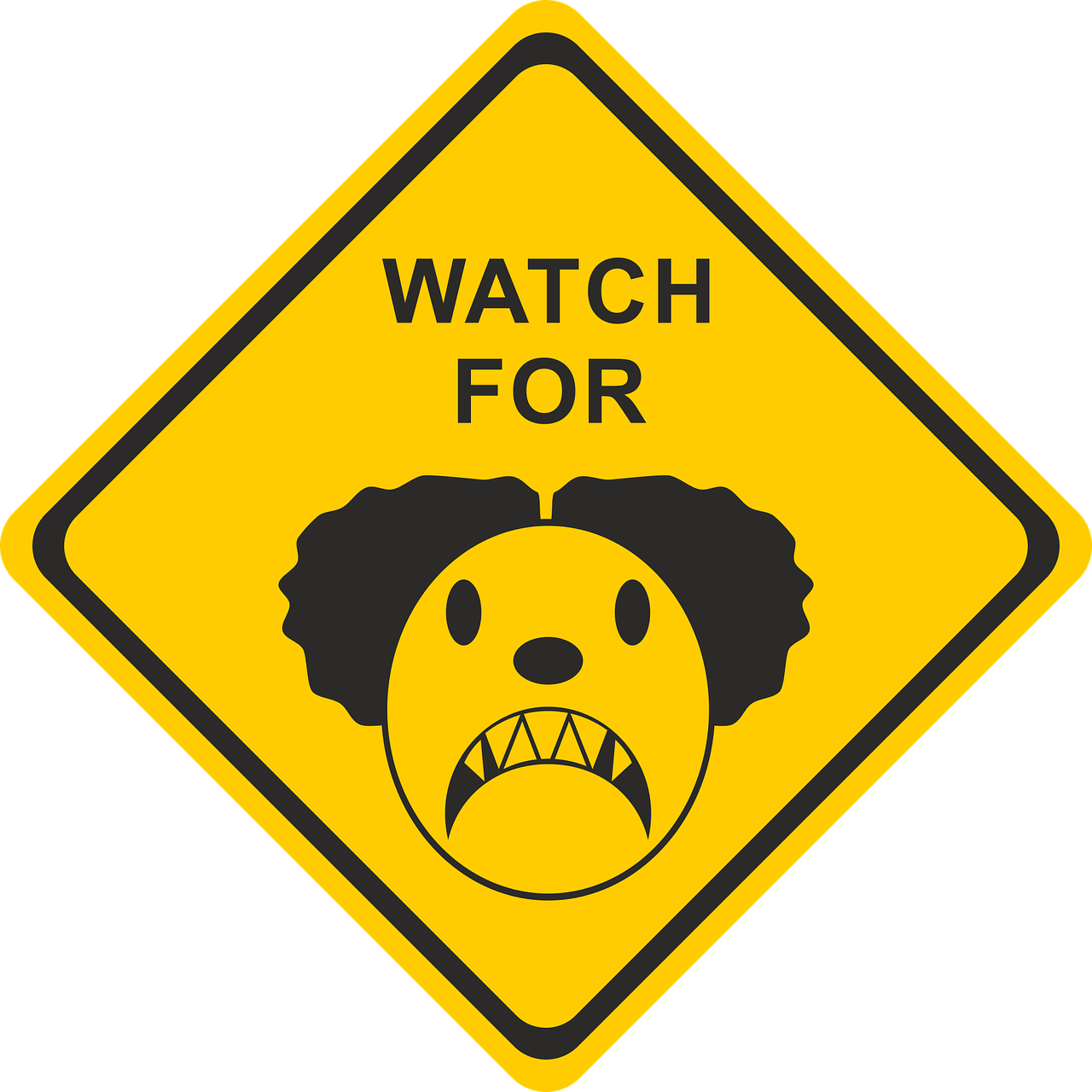 a yellow sign with a picture of a dog with a sad face, a cartoon, inspired by Edo Murtić, wearing a watch, eraserhead, parental advisory, control