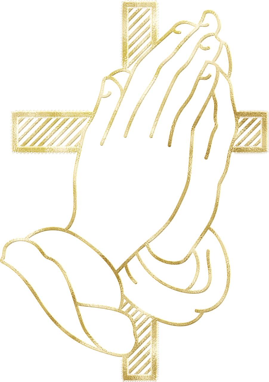 a golden cross with a praying hands on it, black outline, closeup of hand, cad, black