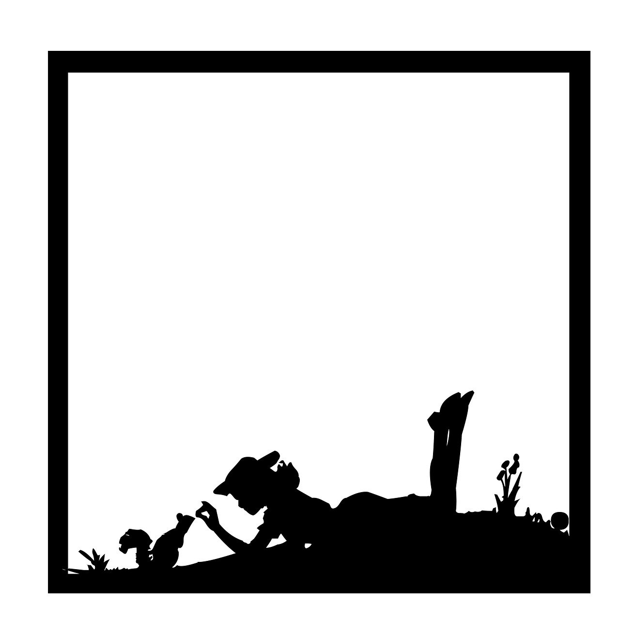 a black and white silhouette of a person laying on the ground, a stock photo, inspired by Lotte Reiniger, tumblr, white frame border, cowgirl, bunny, mycologist