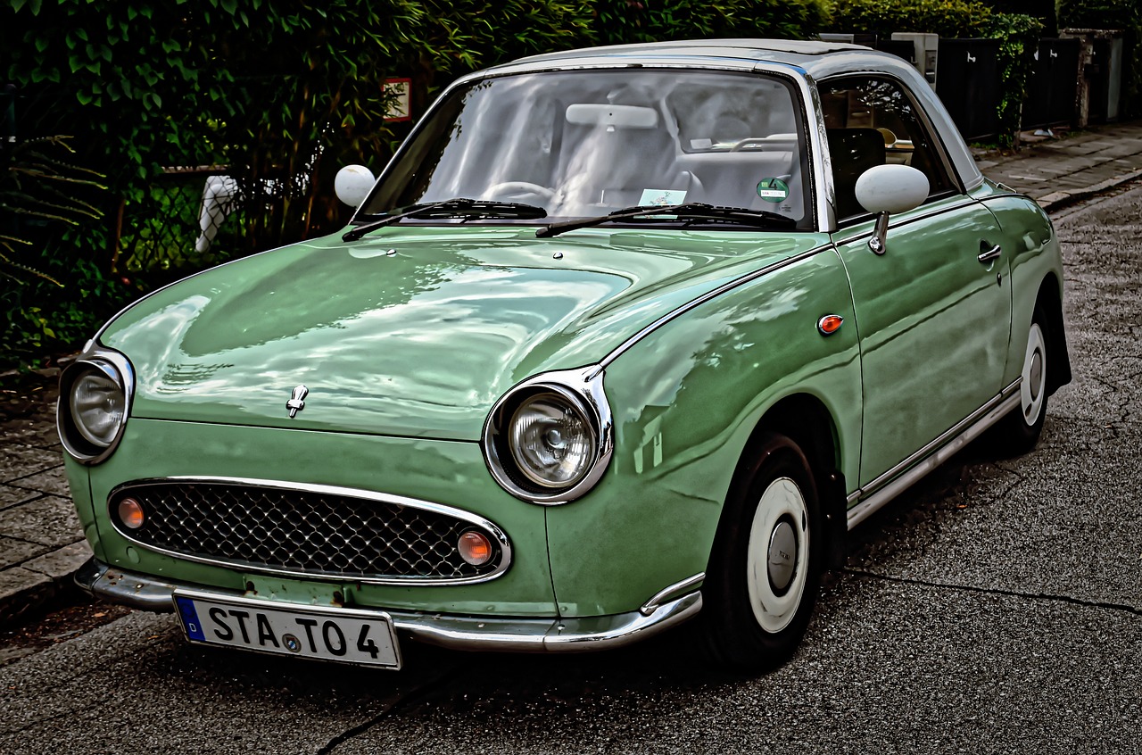 a green car parked on the side of the road, a pastel, inspired by Kamisaka Sekka, trending on pixabay, shin hanga, soft top, dark brown white green colours, hdr photo, 1961”