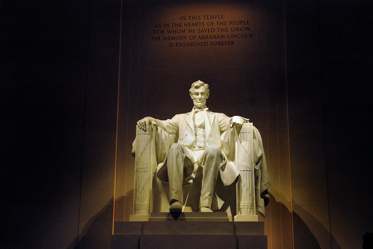 a statue of abraham lincoln in the lincoln memorial, flickr, art nouveau, seated in royal ease, during the night, 2 0 0 2 photo