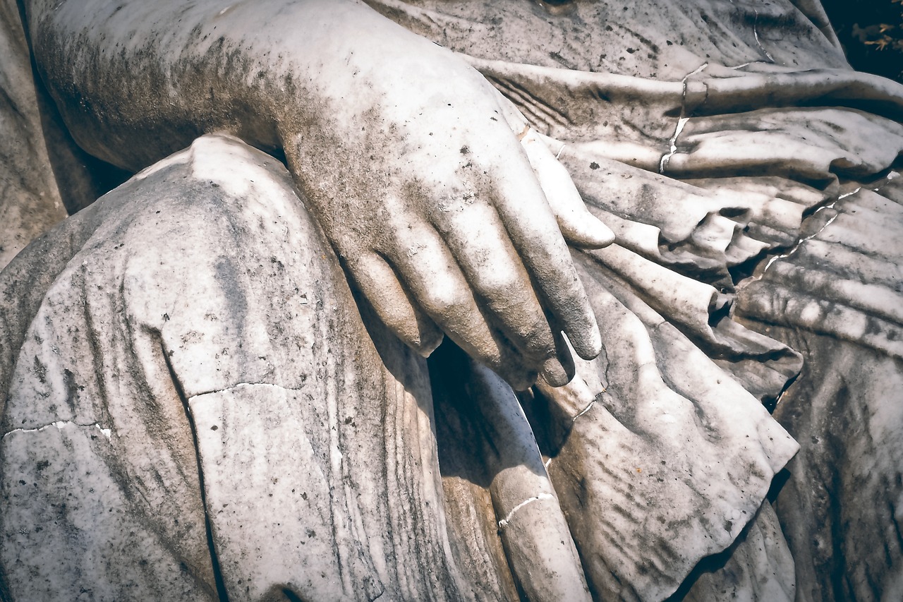 a close up of a person's hands on a statue, trending on pixabay, visual art, complex and desaturated, agrigento, stylized photo, rome