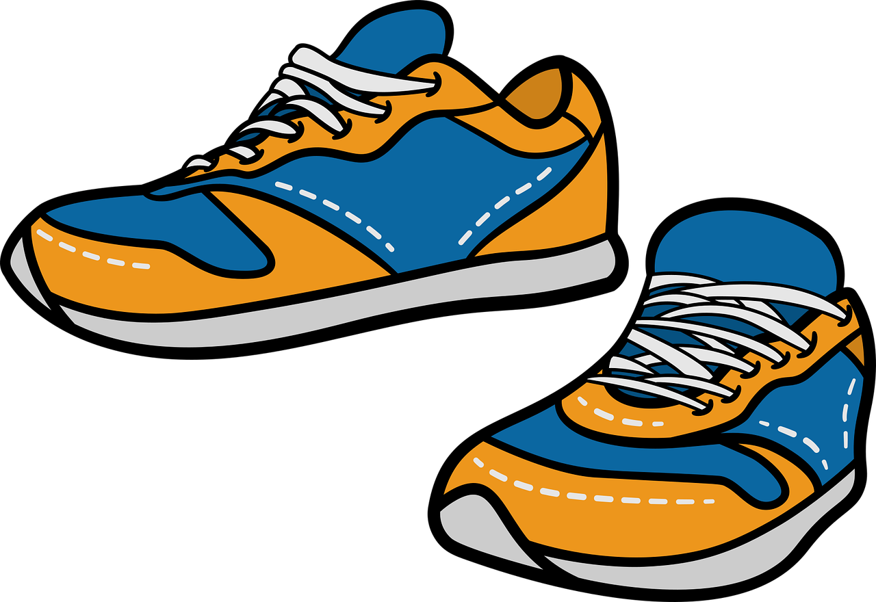 a pair of blue and orange sneakers on a black background, a cartoon, by Ingrida Kadaka, pixabay, blue and yellow color theme, no - text no - logo, archie comic style, sports clothing