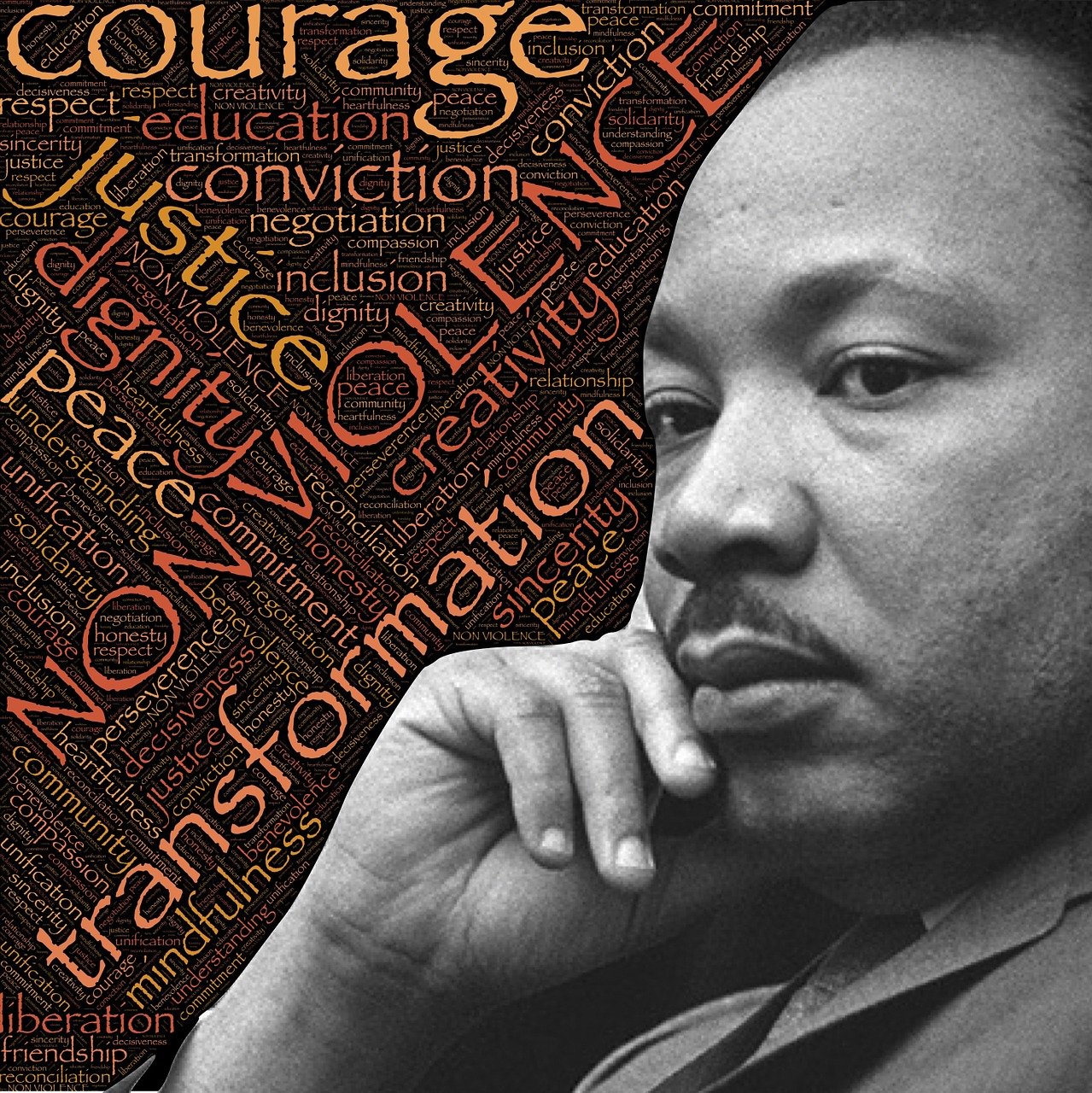 a black and white photo of a man with a hand on his chin, a photo, martin luther king, word, courage, a collage