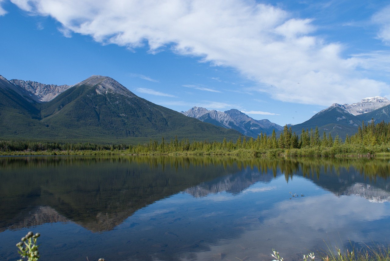 a body of water with mountains in the background, a picture, by Brigette Barrager, pixabay, boreal forest, polarizer filter, meadows, wikimedia commons