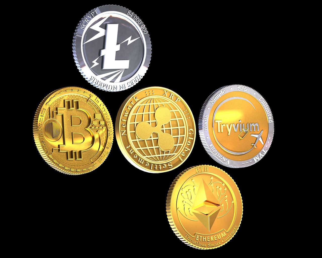 four gold and silver bitcoins on a black background, a low poly render, trending on pixabay, computer art, product introduction photo, volumetric lightin, ethereum!!!! logo, hydra