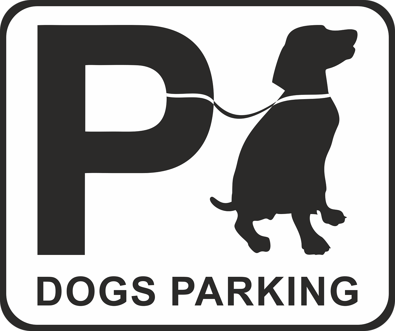 a black and white sign with a dog pulling a leash, pixabay, sōsaku hanga, cars parked, created in adobe illustrator, parks, is a stunning