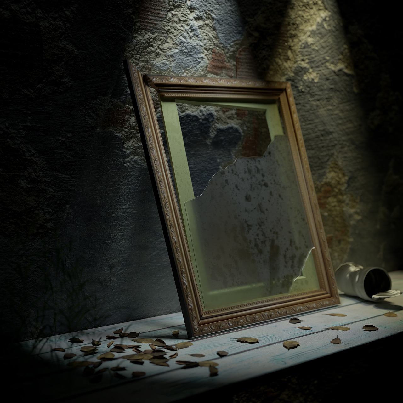 a picture frame sitting on top of a table, a photorealistic painting, inspired by Jan Lievens, polycount contest winner, conceptual art, broken glass photo, in a old house. hyper realistic, dirty mirror, portait photo