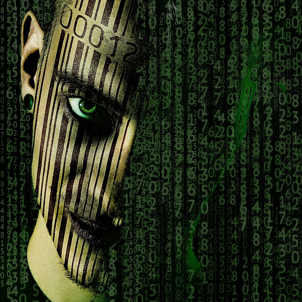 a close up of a person's face with numbers on it, a digital rendering, inspired by Igor Morski, full body robot with human mask, green matrix code, pinhead from hellraiser, photo illustration