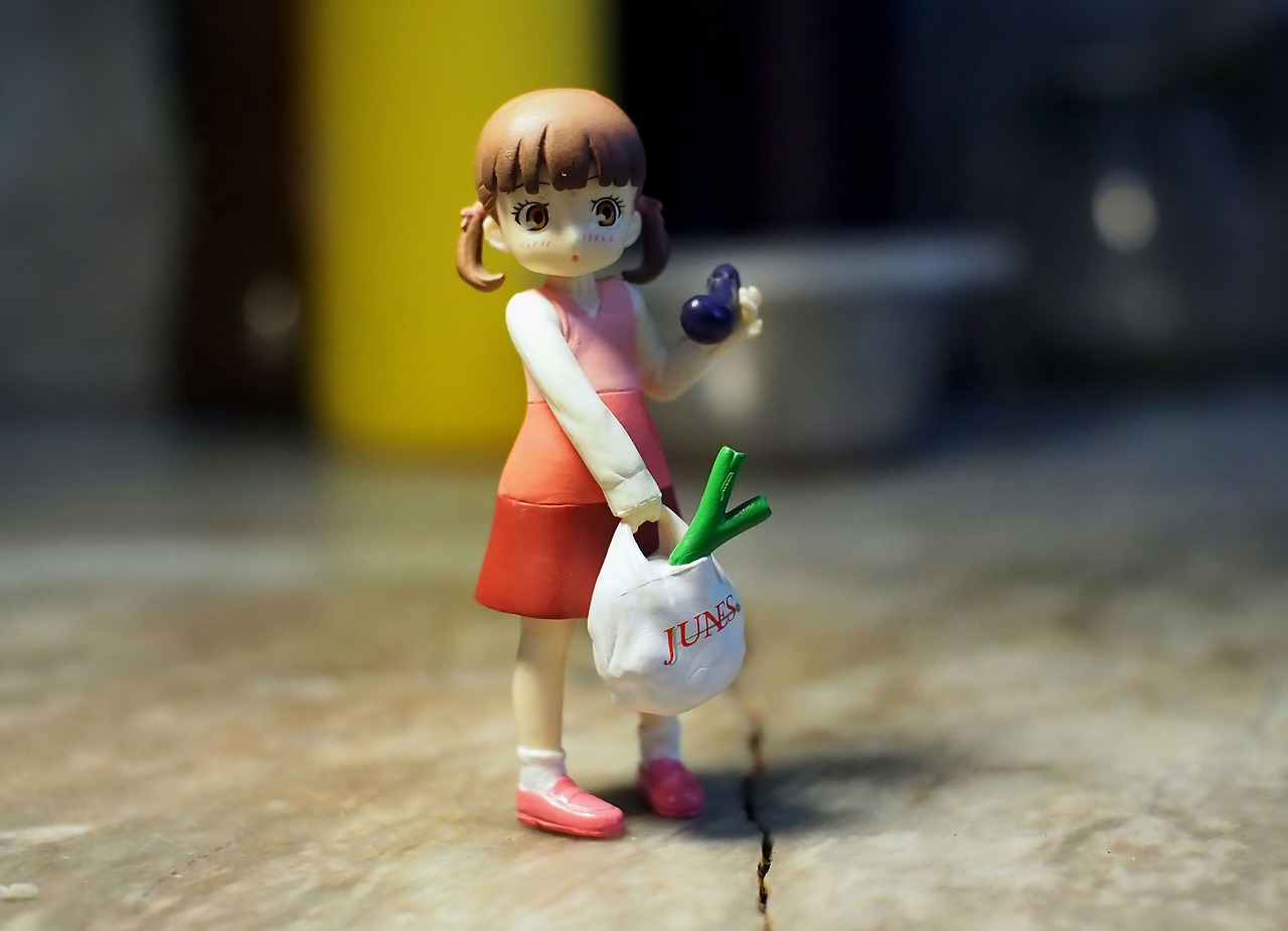 a figurine of a girl holding a bag of vegetables, a picture, by Naka Bokunen, flickr, female protagonist 👀 :8, lain, jisu choe, ( evangelion )