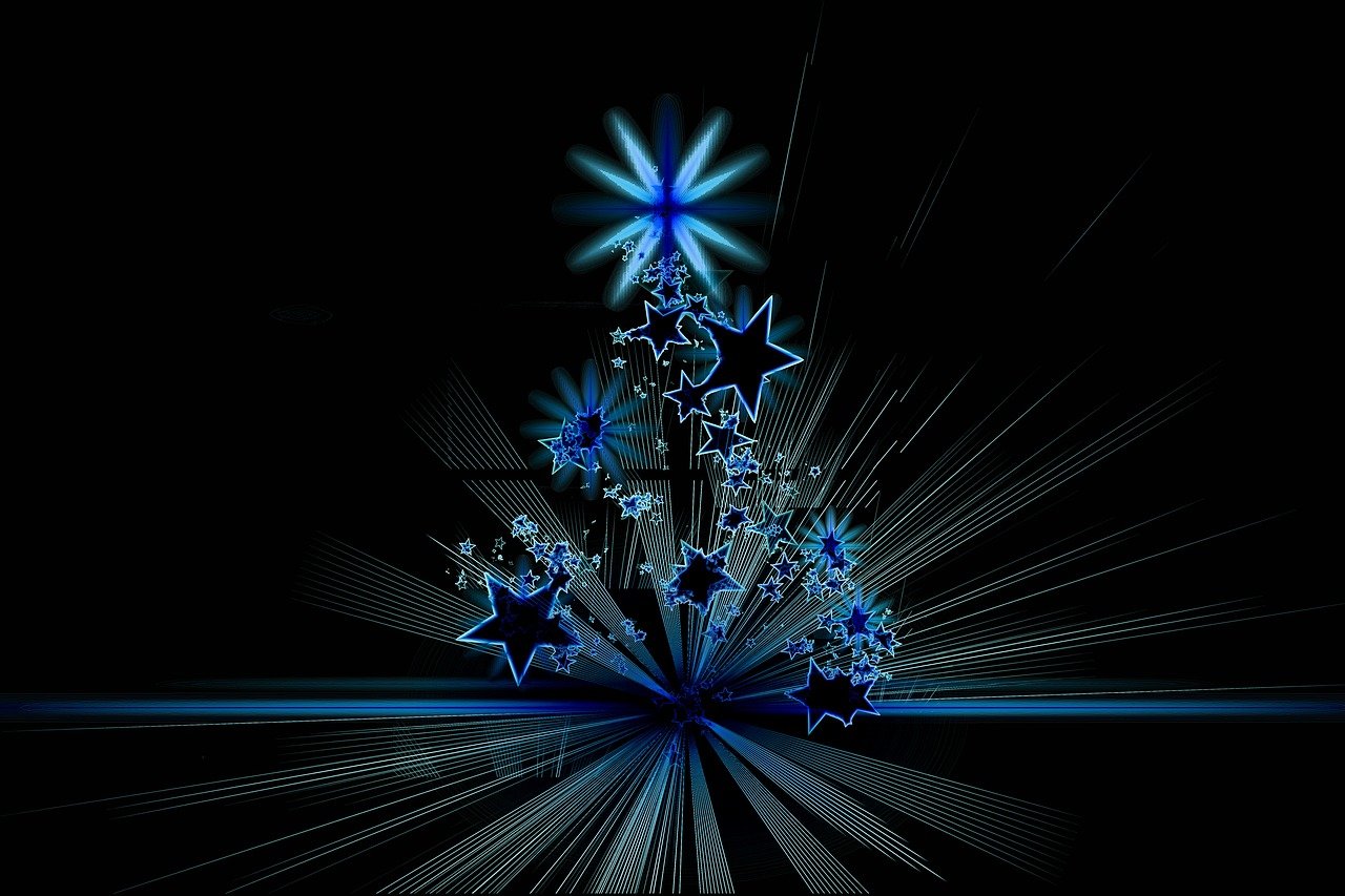 a blue christmas tree on a black background, digital art, by Eugeniusz Zak, pixabay contest winner, star lines, nebulous bouquets, light background, modern very sharp photo