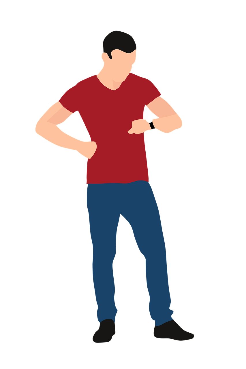 a man standing with his hands on his hips, tachisme, wikihow illustration, tom holland, red t-shirt, very accurate coherent image