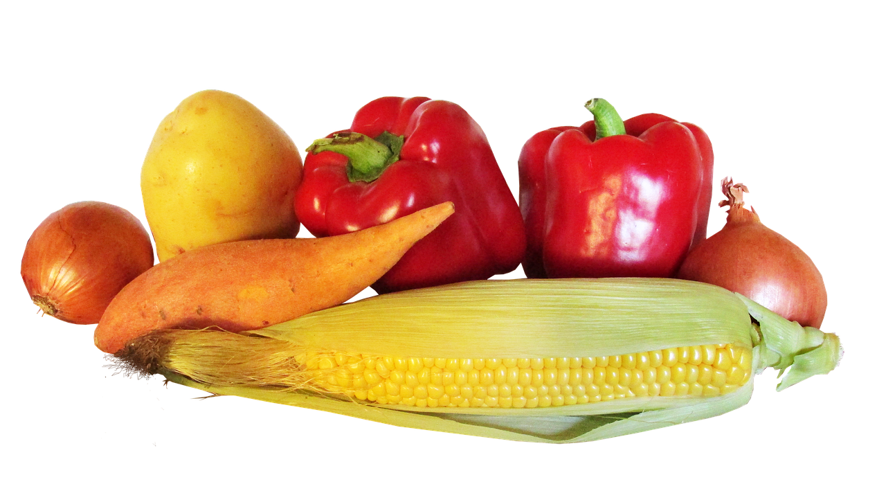 a bunch of vegetables sitting on top of a table, a still life, by Tom Carapic, pixabay, corn, full of colour 8-w 1024, without background, red yellow black