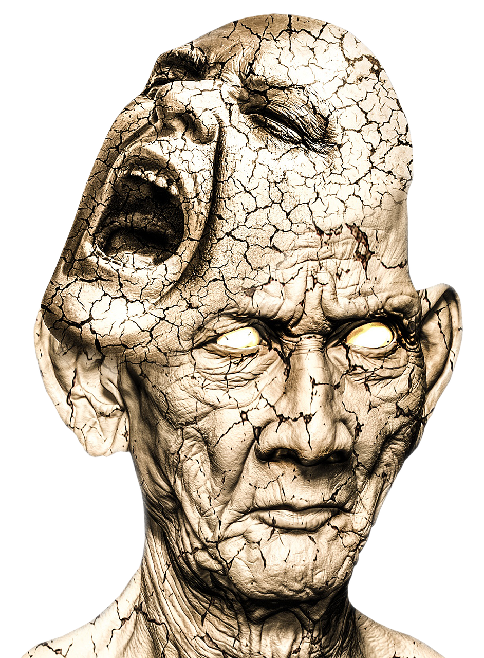 a close up of a person with a cracked face, inspired by Igor Morski, digital art, mad man screaming, necronomicon style, donald trump as gollum, scary monster statues