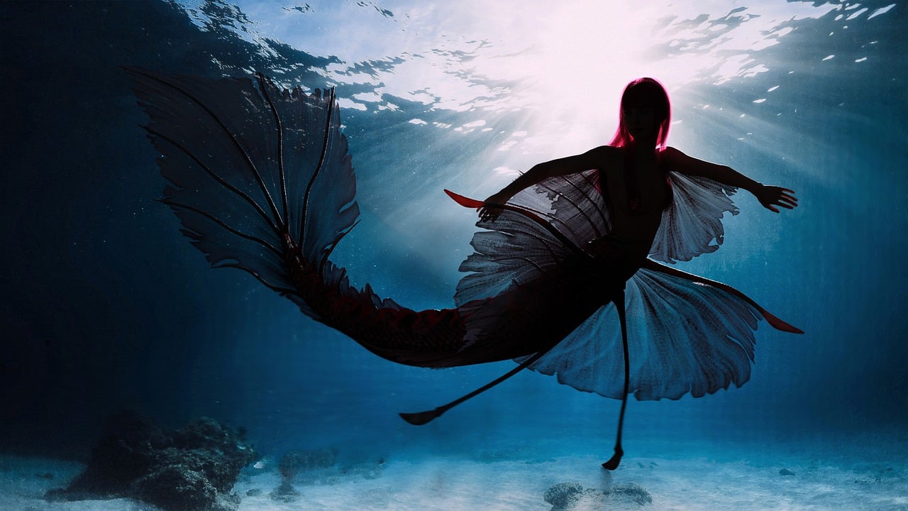 a woman that is standing in the water, digital art, inspired by Brooke Shaden, unsplash, mermaid tail, back lit, takato yomamoto. 4 k, a woman floats in midair