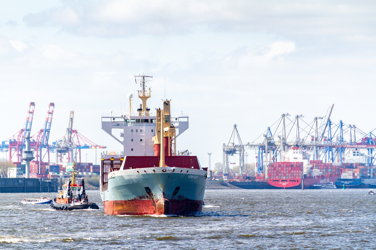 a large boat traveling across a body of water, by Werner Gutzeit, shutterstock, happening, shipping docks, bottom viev, warsaw, high res photo