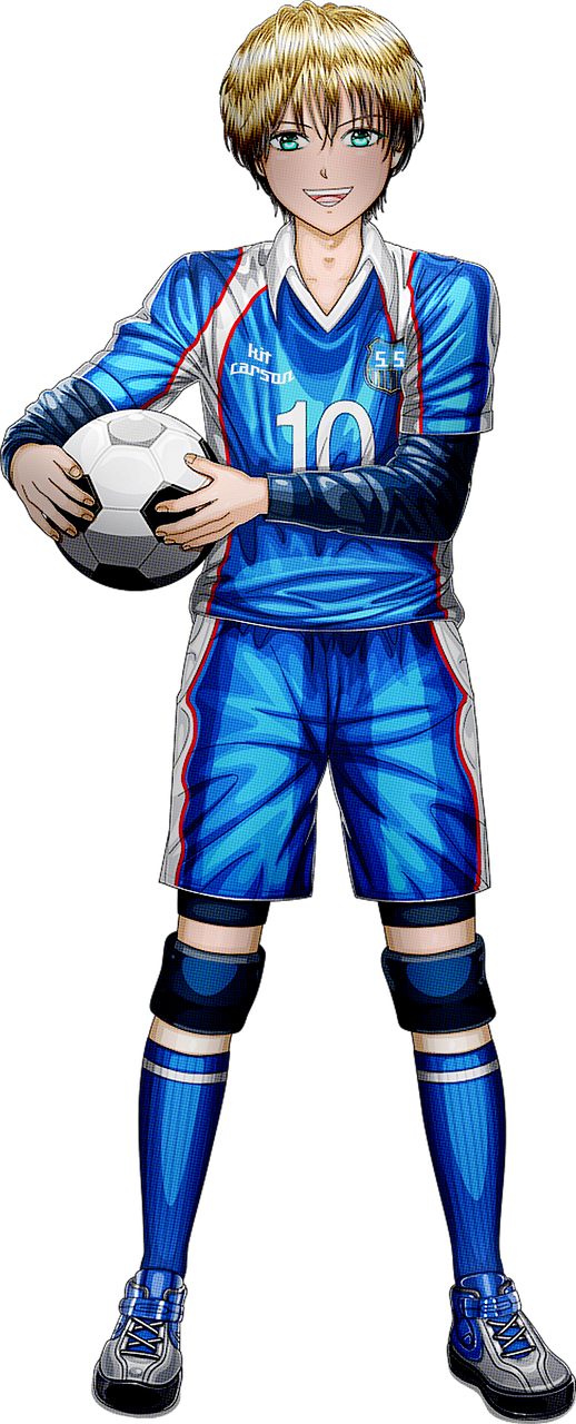 a boy in a blue uniform holding a soccer ball, a digital rendering, inspired by Juraj Julije Klović, shin hanga, more details, style of masami kurumada, big boss, [ digital art ]!!