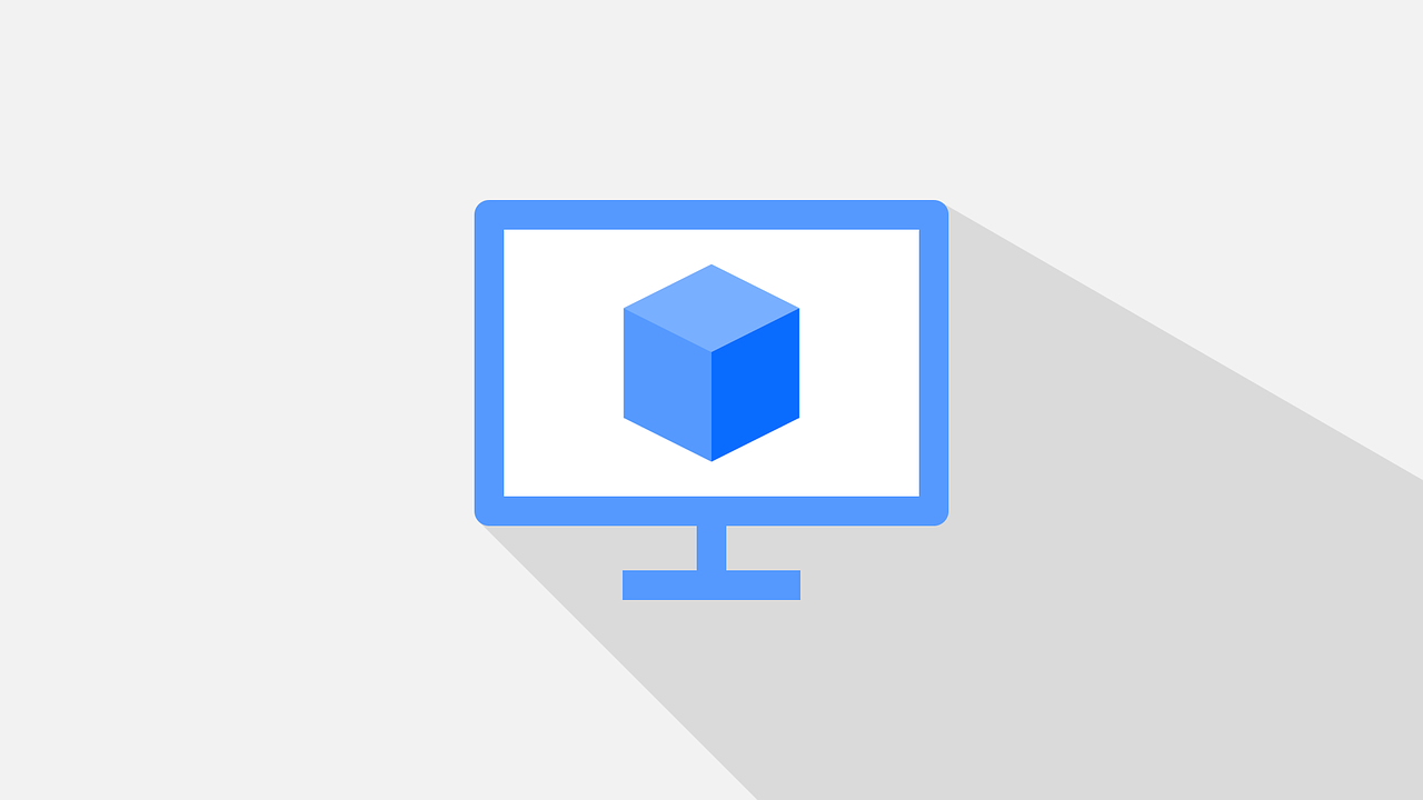a computer monitor sitting on top of a desk, a computer rendering, computer art, flat icon, cube shaped, material design, blue archive