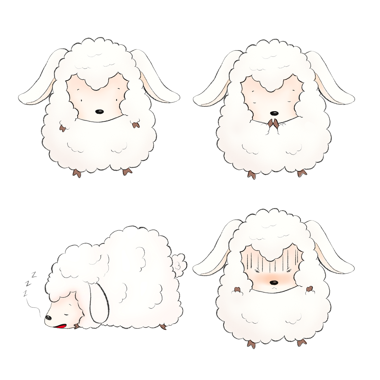 a couple of white sheep standing next to each other, an illustration of, various bending poses, anime graphic illustration, on black background, full color illustration