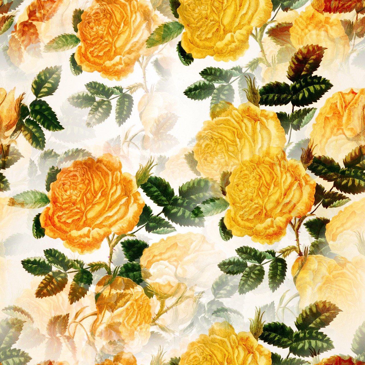 a painting of yellow roses on a white background, a digital rendering, tumblr, retro style ”, background with complex patterns, floral clothes ”