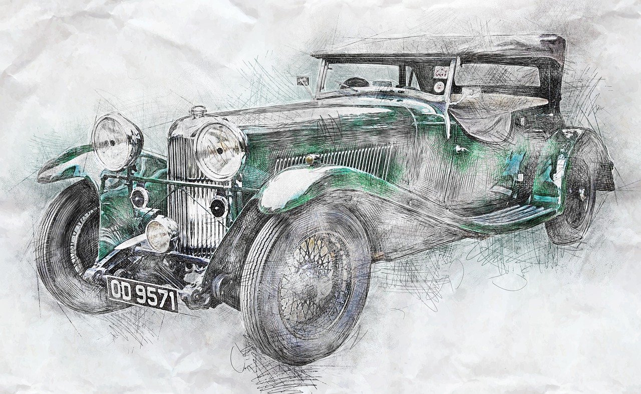 a drawing of a vintage car on a piece of paper, a digital rendering, inspired by Harry Haenigsen, trending on pixabay, fine art, in style of alan lee, oil paint style, bentley, canvas