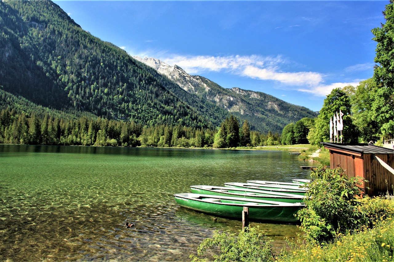 a couple of boats sitting on top of a lake, a picture, by Karl Gerstner, pixabay, a green, lakeside mountains, clear and sunny, shallow water