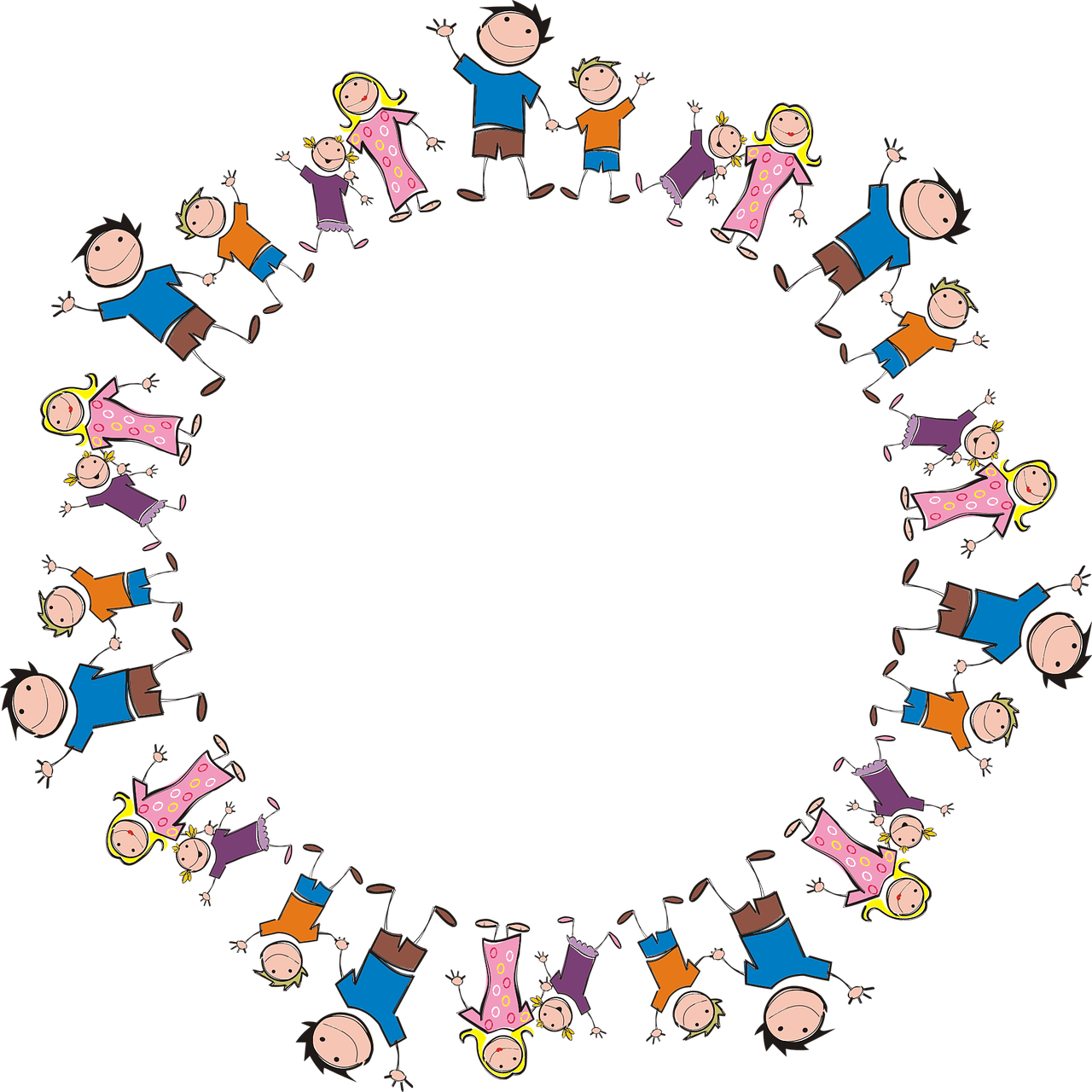 a group of children holding hands in a circle, a cartoon, conceptual art, the background is black, funny illustration, frame around pciture, round elements