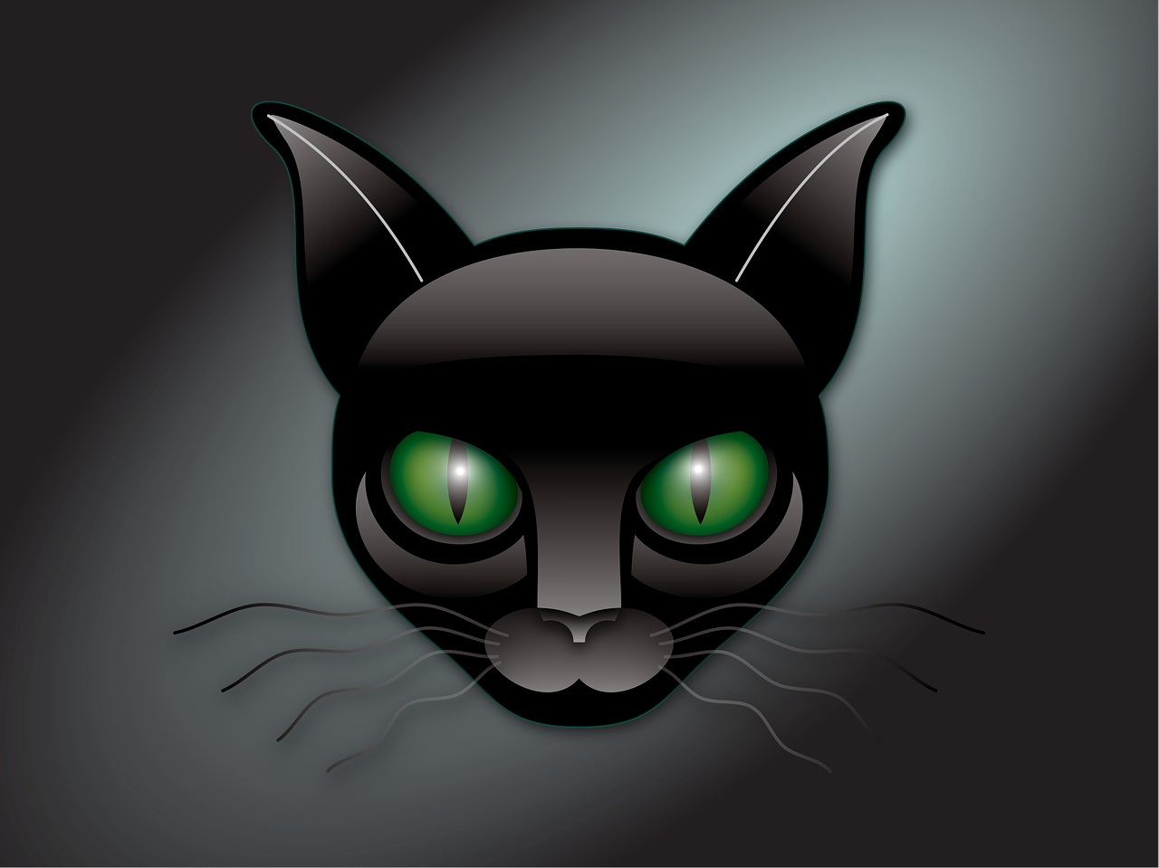 a close up of a cat's face with green eyes, vector art, digital art, glowing black dark velvet, sleek metal head, mascot illustration, with a large head and big eyes