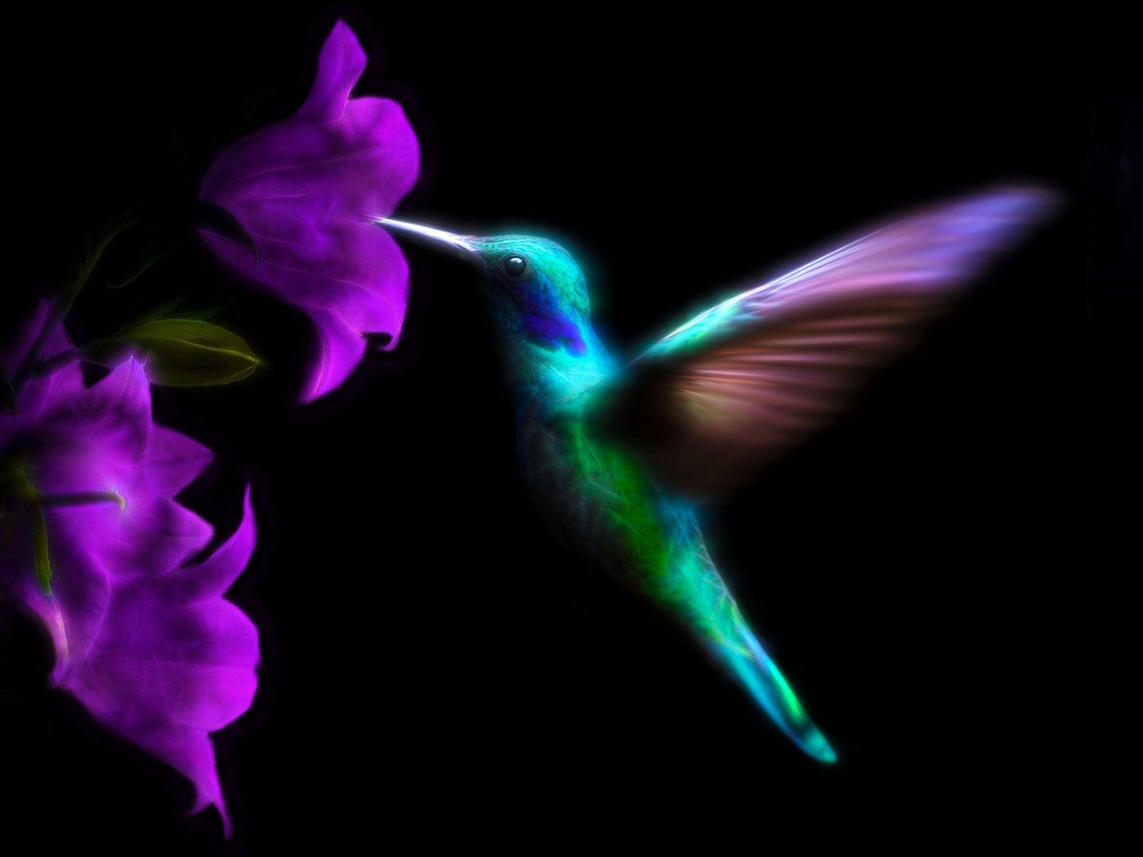 a hummingbird flying next to a purple flower, digital art, by Hans Schwarz, digital art, neon color bioluminescence, beautiful iphone wallpaper, jewelry iridescent, kiss