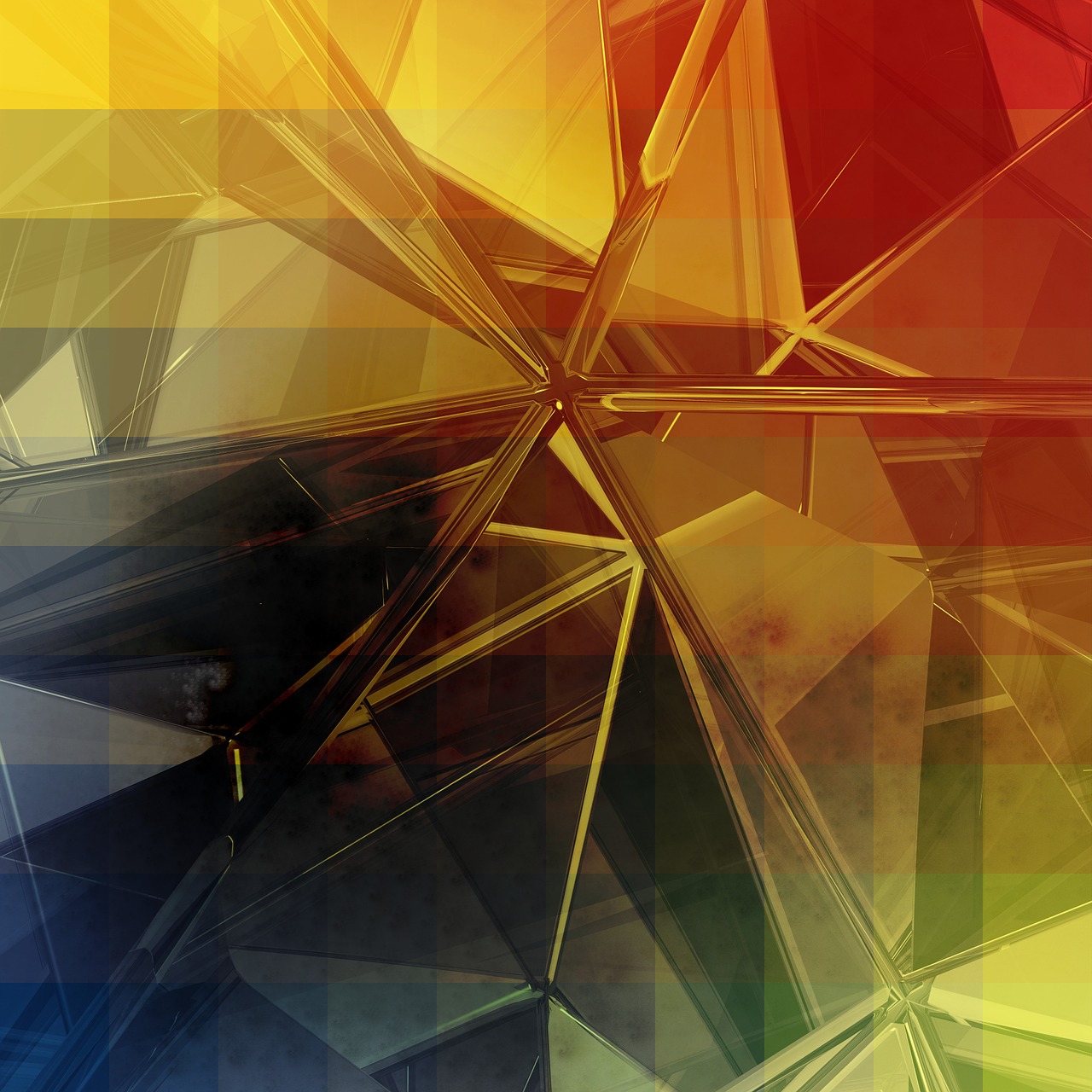 a close up of a multicolored wall with a clock, a picture, inspired by Jacques Villon, geometric abstract art, ray tracing. fractal crystal, yellows and reddish black, low polygons illustration, high res