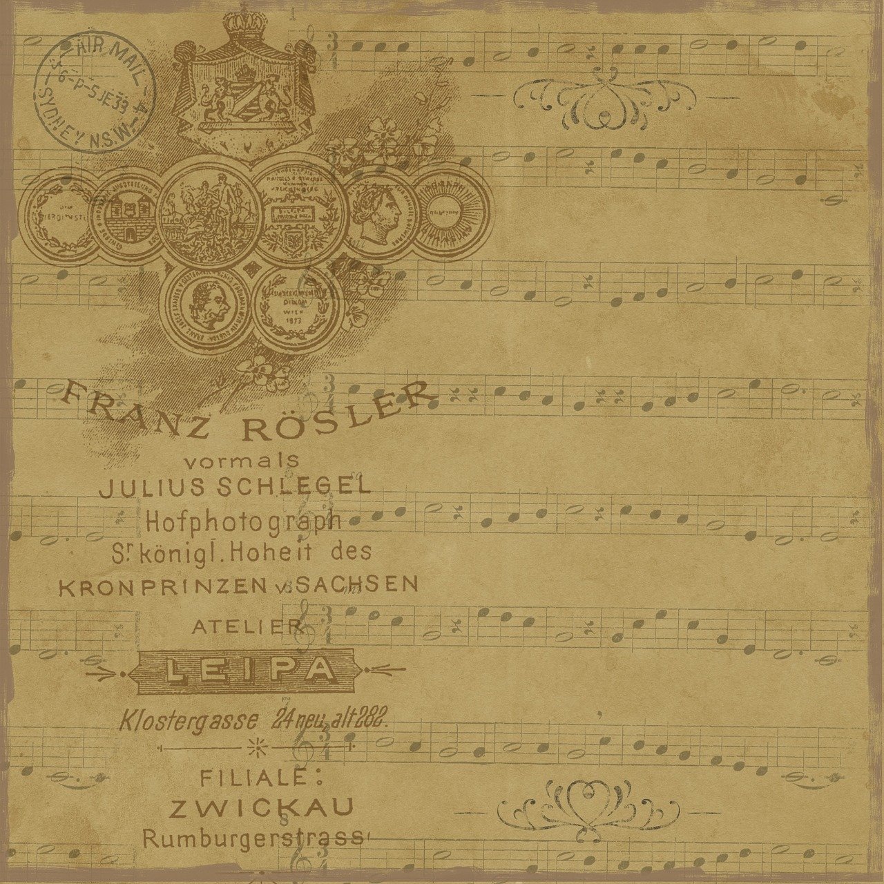 a close up of a sheet of music with a cross on it, an album cover, inspired by Franz Karl Basler-Kopp, baroque, paper border, sepia, rosen zulu, vintage - w 1 0 2 4
