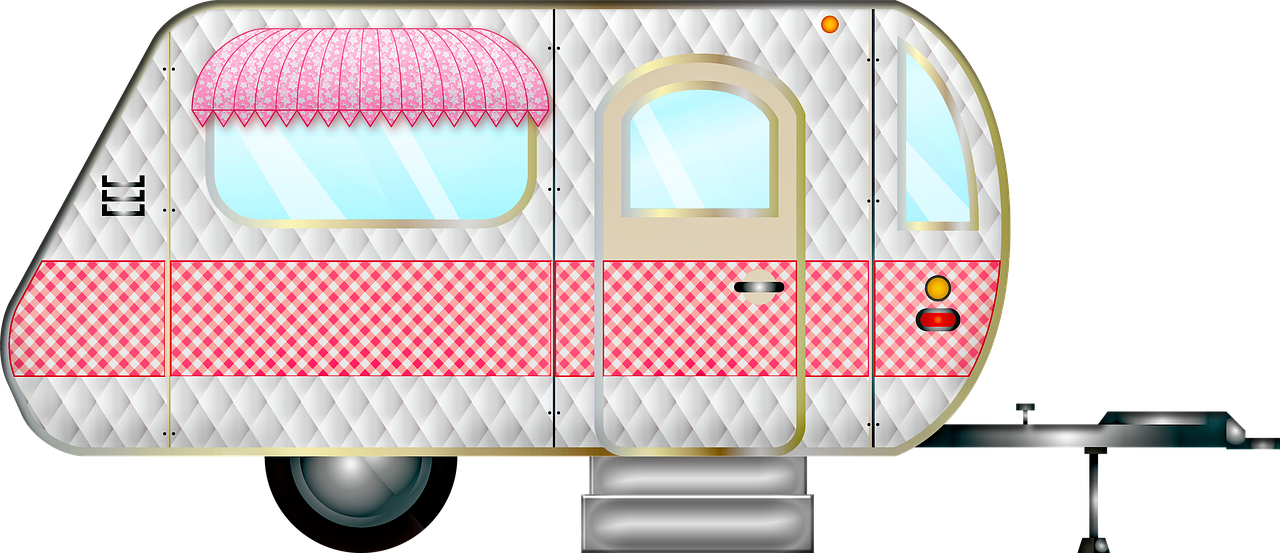 a pink and white trailer with a pink awning, a digital rendering, by Aleksander Kotsis, pixabay contest winner, pop art, checkered pattern, highly detailed panel cuts, clipart, iphone screenshot