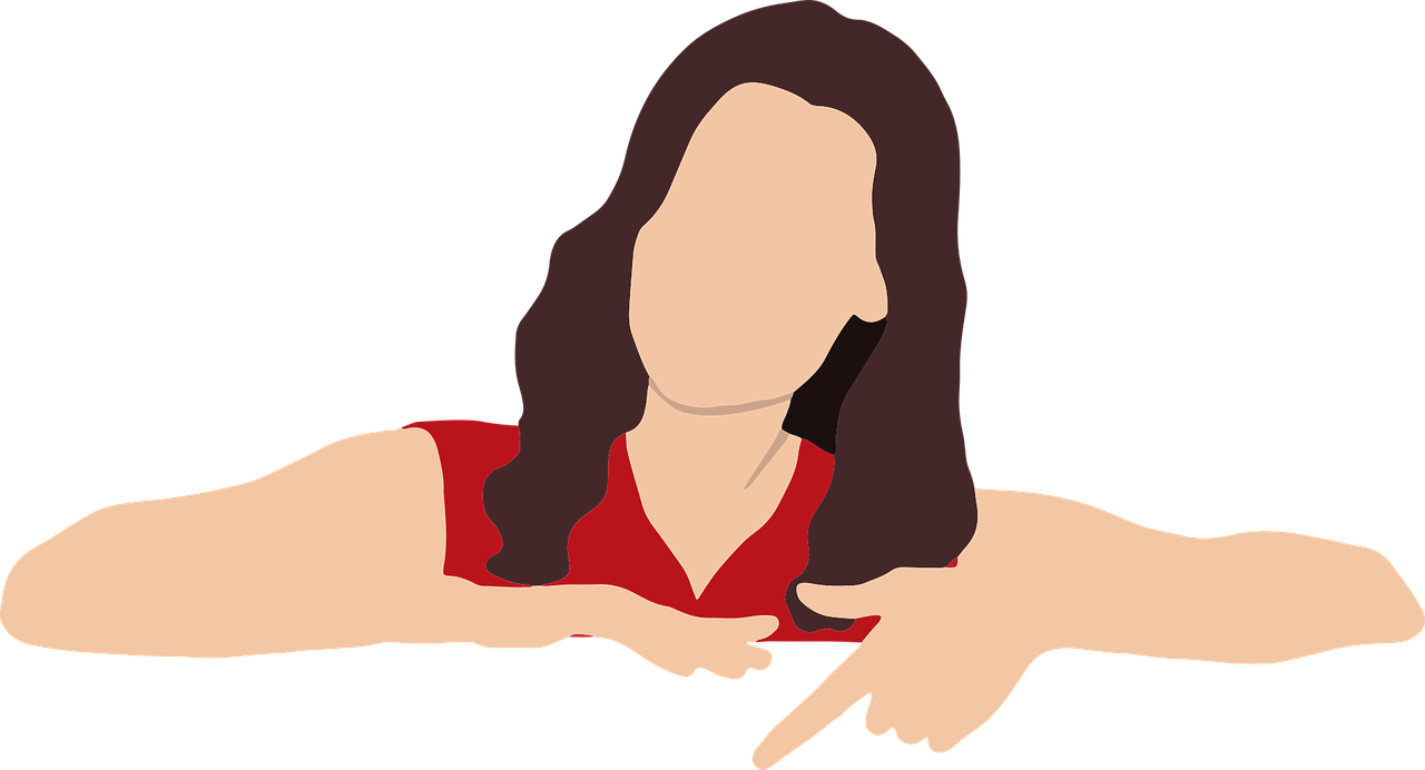 a woman in a red shirt pointing at something, trending on pixabay, digital art, girl with dark brown hair, female image in shadow, wikihow, one person in frame